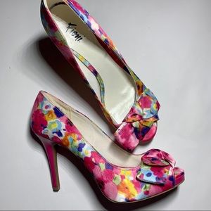 FIONI PrintedSpring Floral Bow Pink Open Toe Heels
